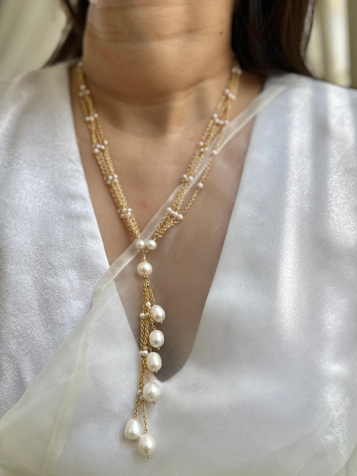 Natural pearl 92.5 fine silver gold plated 26-inch long statement necklace with pearl hanging