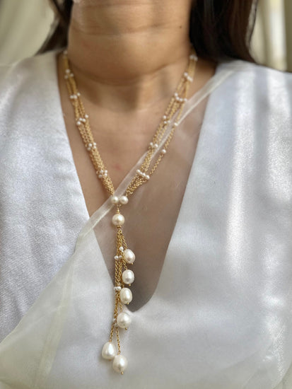 Natural pearl 92.5 fine silver gold plated 26-inch long statement necklace with pearl hanging