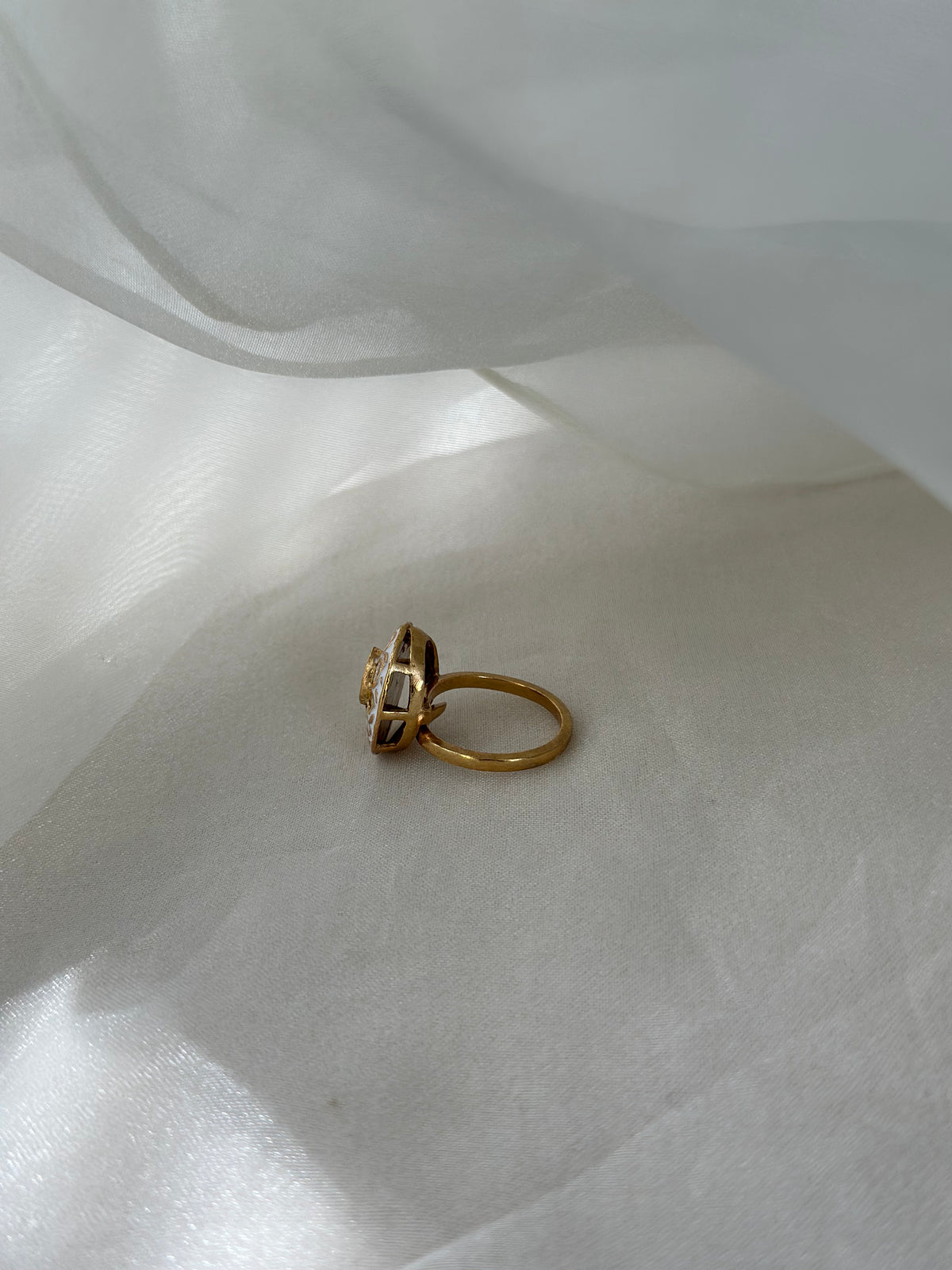 White enamel and Moissanite Polki 92.5 fine silver gold plated adjustable statement ring