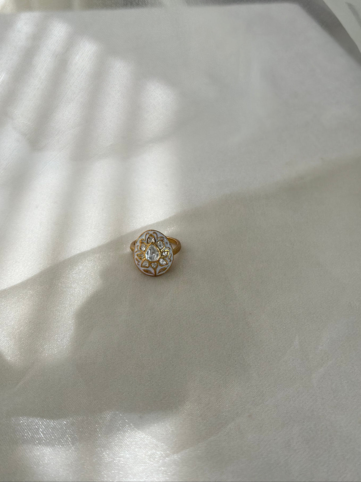 White enamel and Moissanite Polki 92.5 fine silver gold plated adjustable statement ring