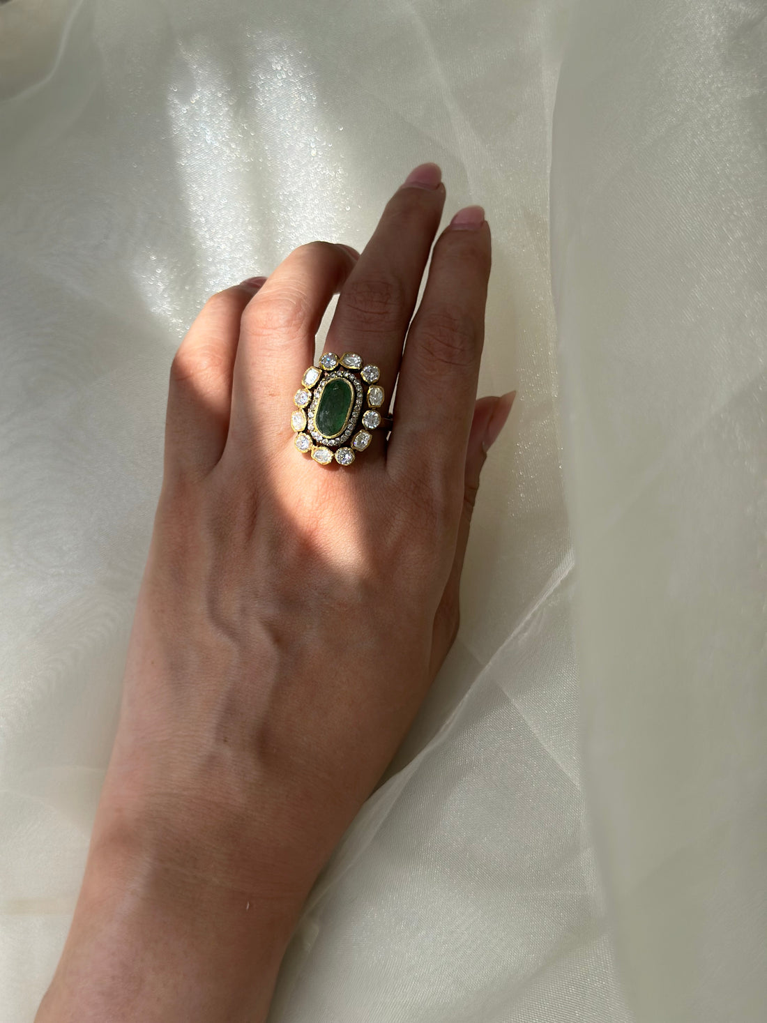 Emerald and Moissanite Polki 92.5 fine silver gold plated adjustable statement ring