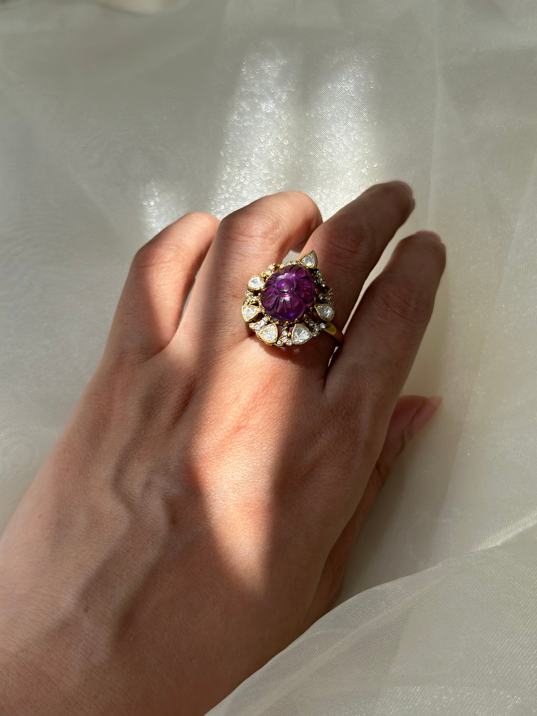 Carved Amethyst Moissanite Polki and Swarovski CZ 92.5 fine silver gold plated statement ring