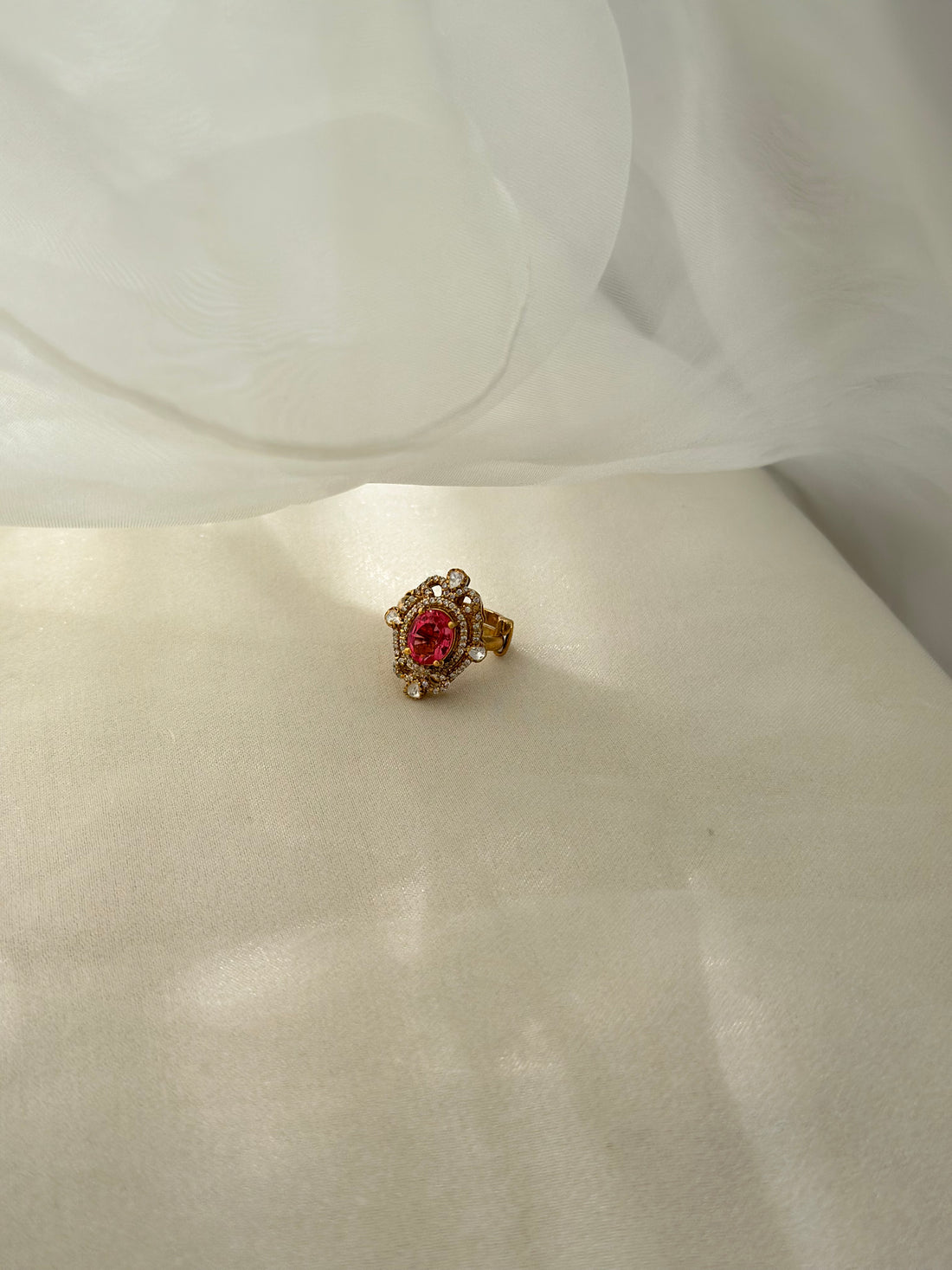 Rubellite Moissanite Polki and Swarovski CZ 92.5 fine silver gold plated adjustable statement ring