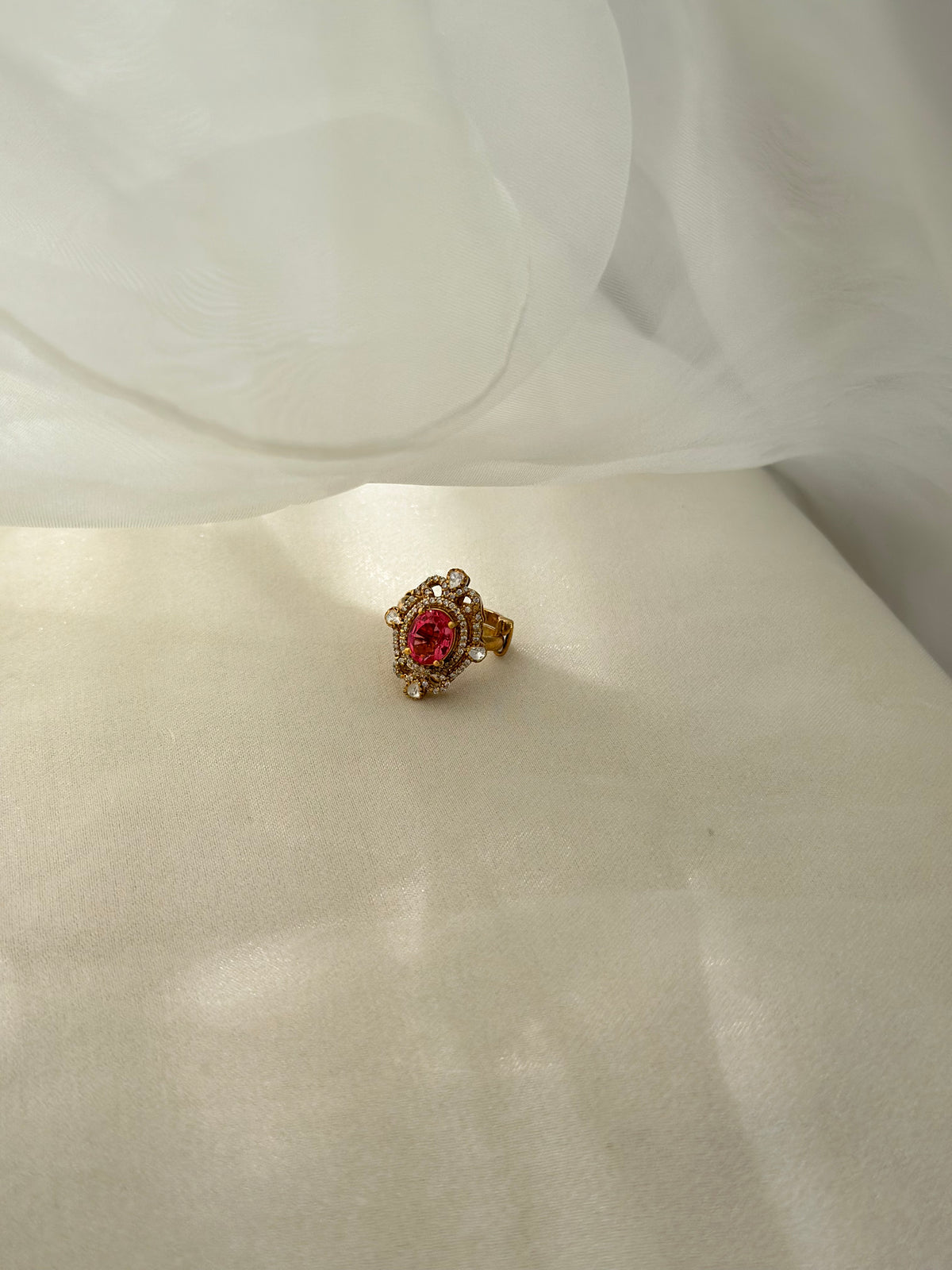 Rubellite Moissanite Polki and Swarovski CZ 92.5 fine silver gold plated adjustable statement ring