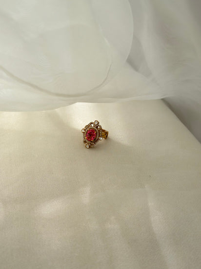 Rubellite Moissanite Polki and Swarovski CZ 92.5 fine silver gold plated adjustable statement ring
