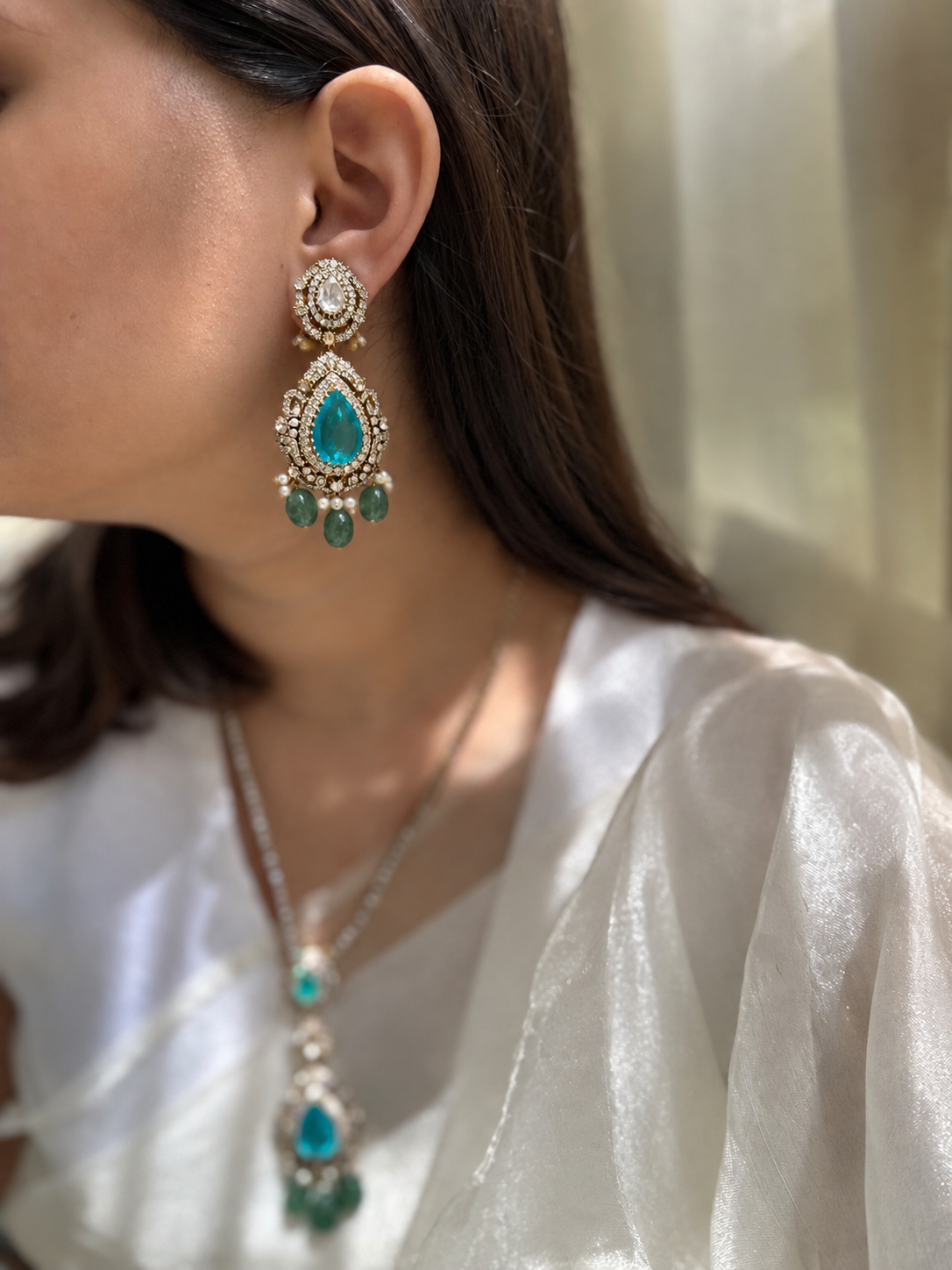 Green Onyx Moissanite Polki natural pearl 92.5 fine silver gold plated statement earrings