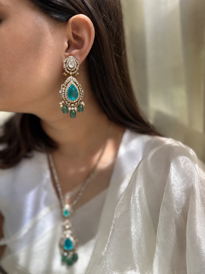 Green Onyx Moissanite Polki natural pearl 92.5 fine silver gold plated statement earrings