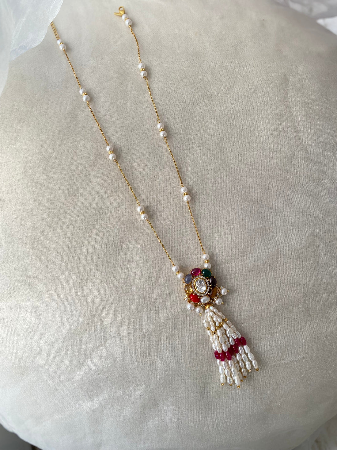 Navratna Pearl Tassel Necklace