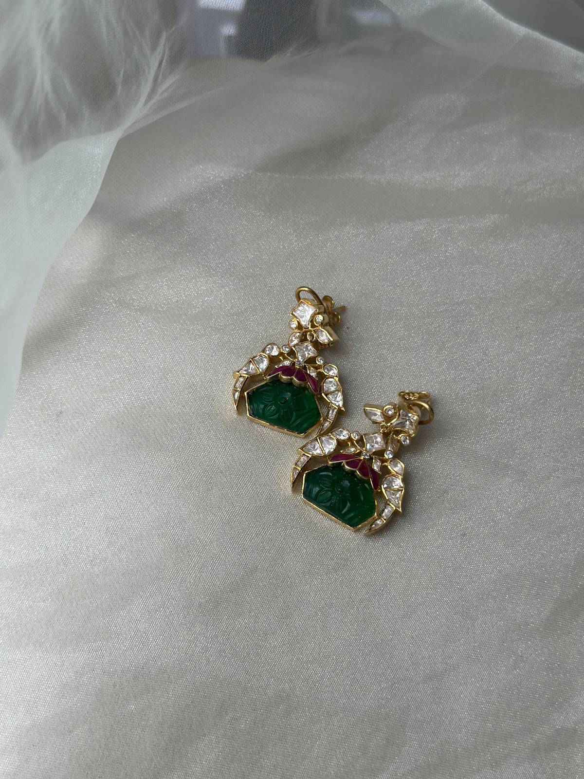 Carved Green Onyx Rubellite and Moissanite Polki 92.5 fine silver gold plated statement earrings