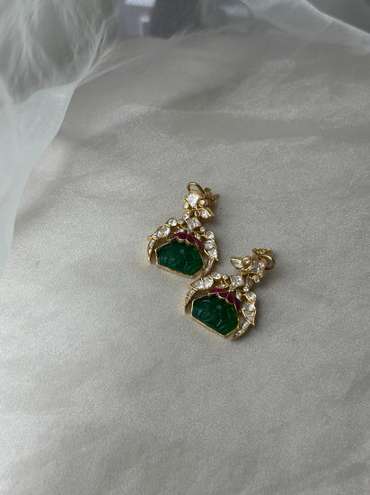 Carved Green Onyx Rubellite and Moissanite Polki 92.5 fine silver gold plated statement earrings