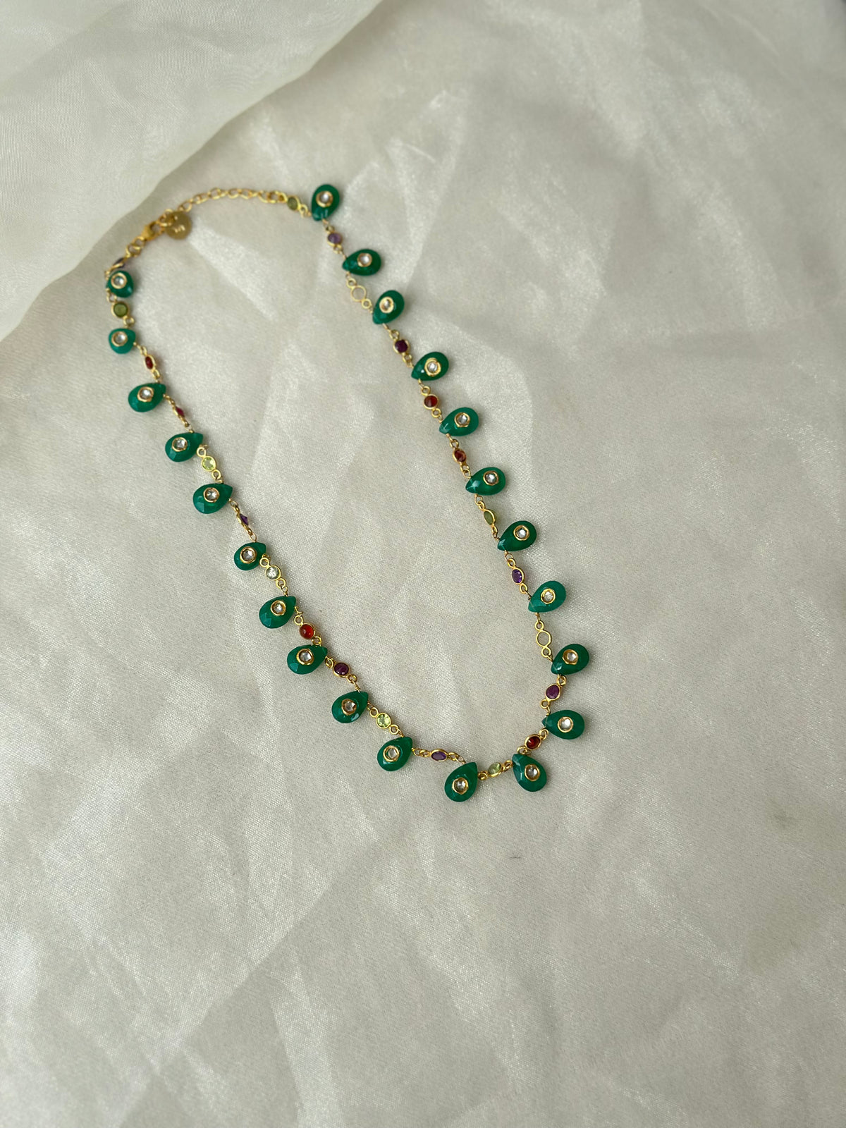 Green Onyx and Kundan 92.5 fine silver gold plated statement necklace with multicolour gemstones