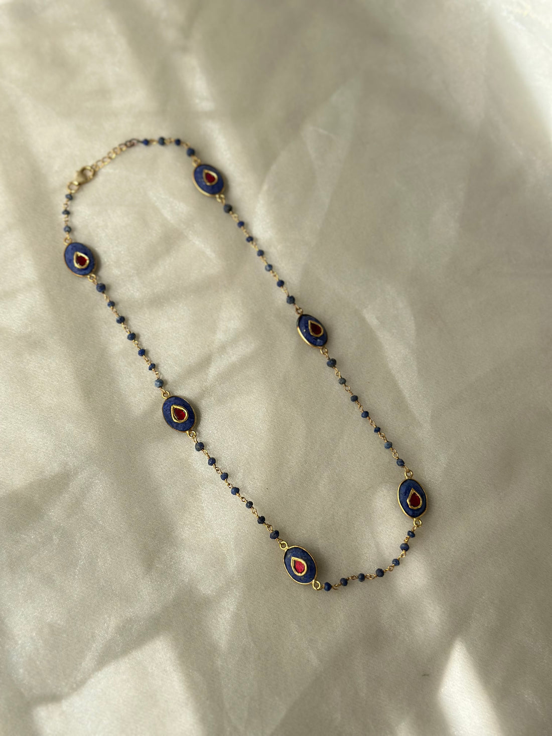 Blue Lapis and Red Kundan 92.5 fine silver gold plated statement necklace, 17 inches