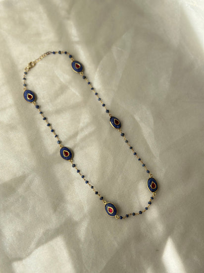 Blue Lapis and Red Kundan 92.5 fine silver gold plated statement necklace, 17 inches