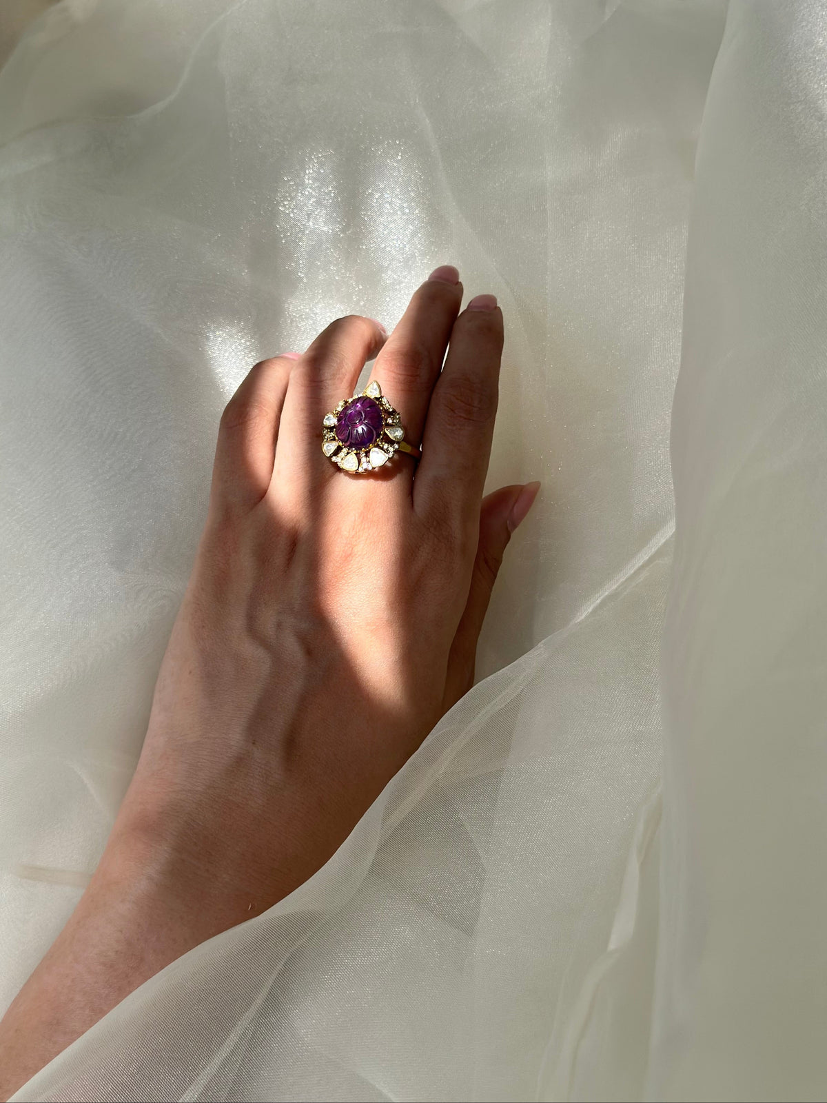 Carved Amethyst Moissanite Polki and Swarovski CZ 92.5 fine silver gold plated statement ring