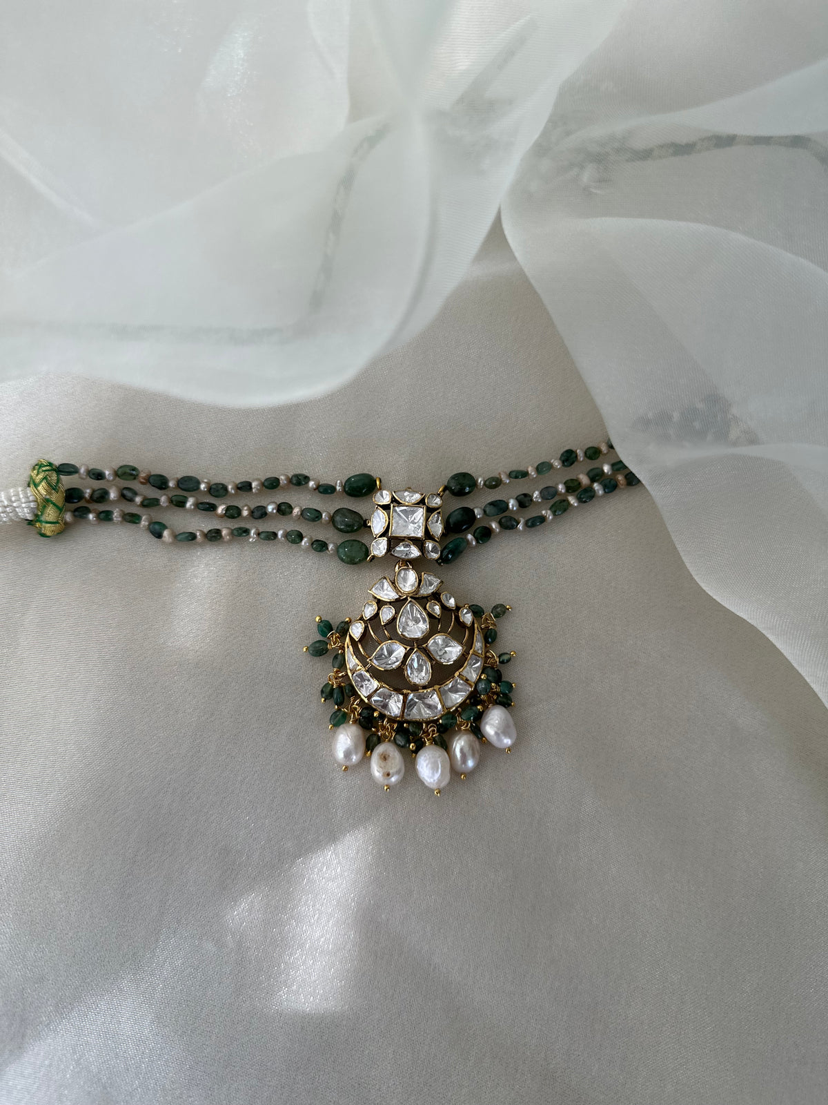 Natural pearl emerald and Moissanite Polki 92.5 fine silver gold plated statement choker