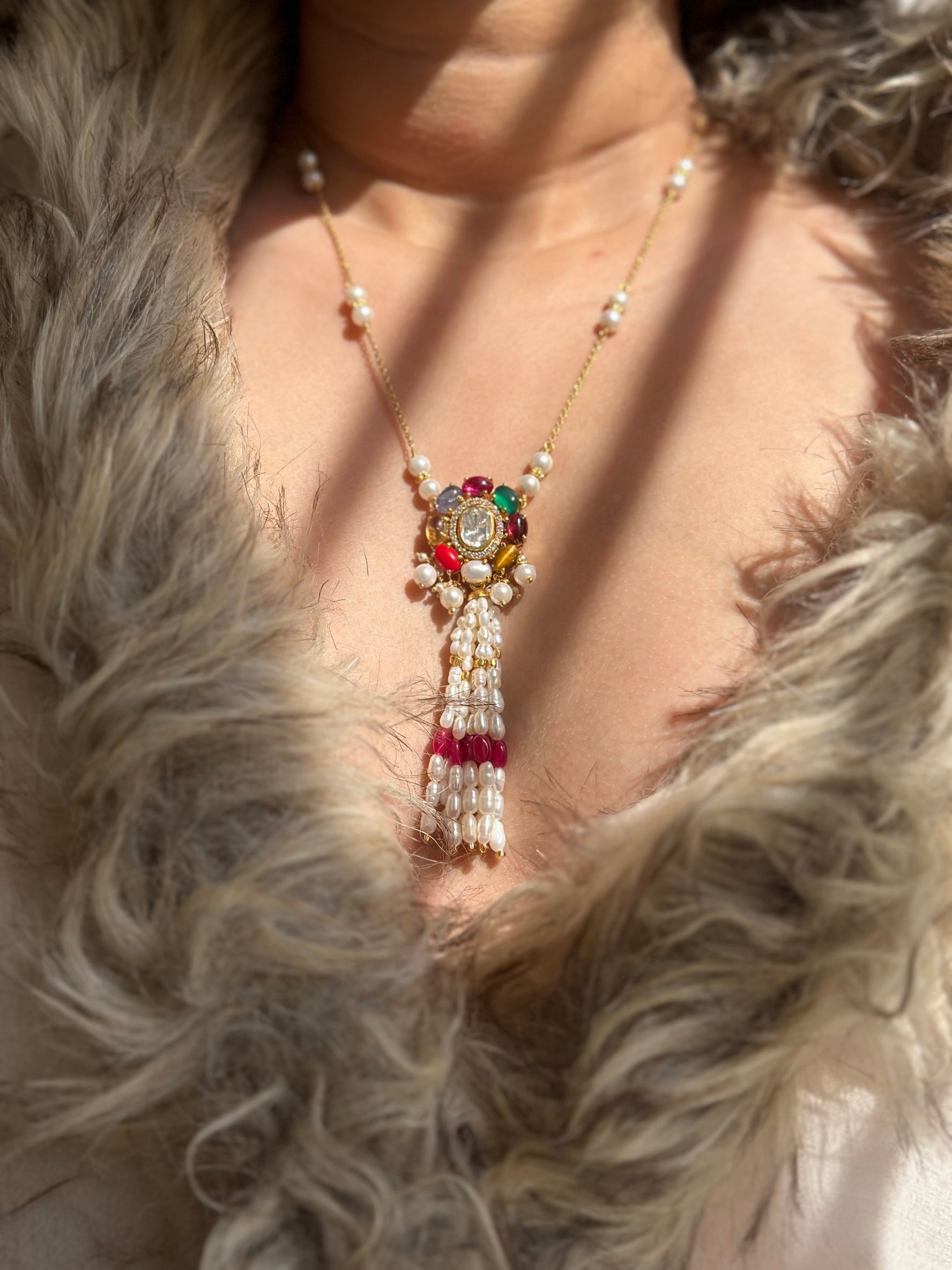 Navratna Pearl Tassel Necklace