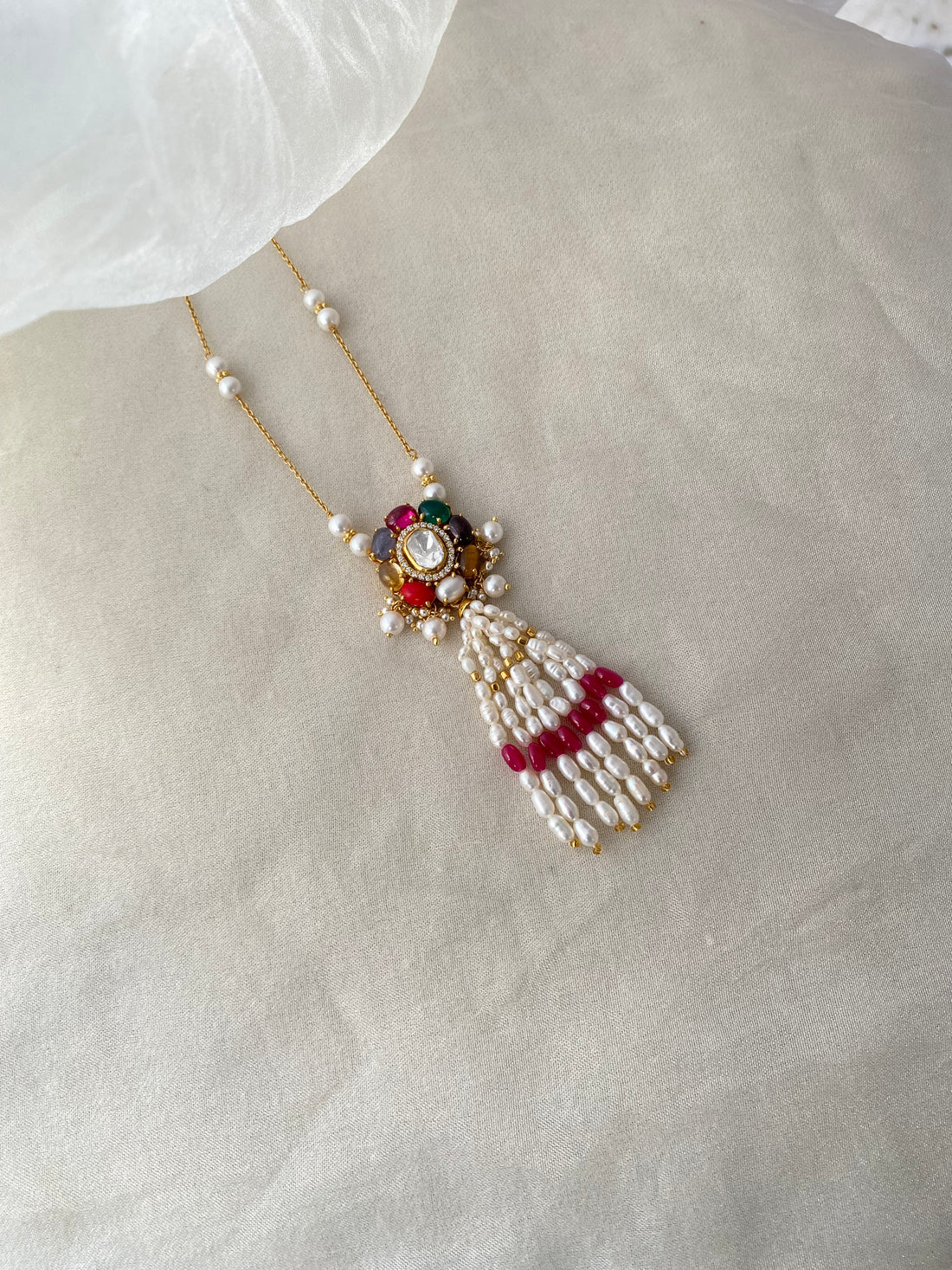 Navratna Pearl Tassel Necklace