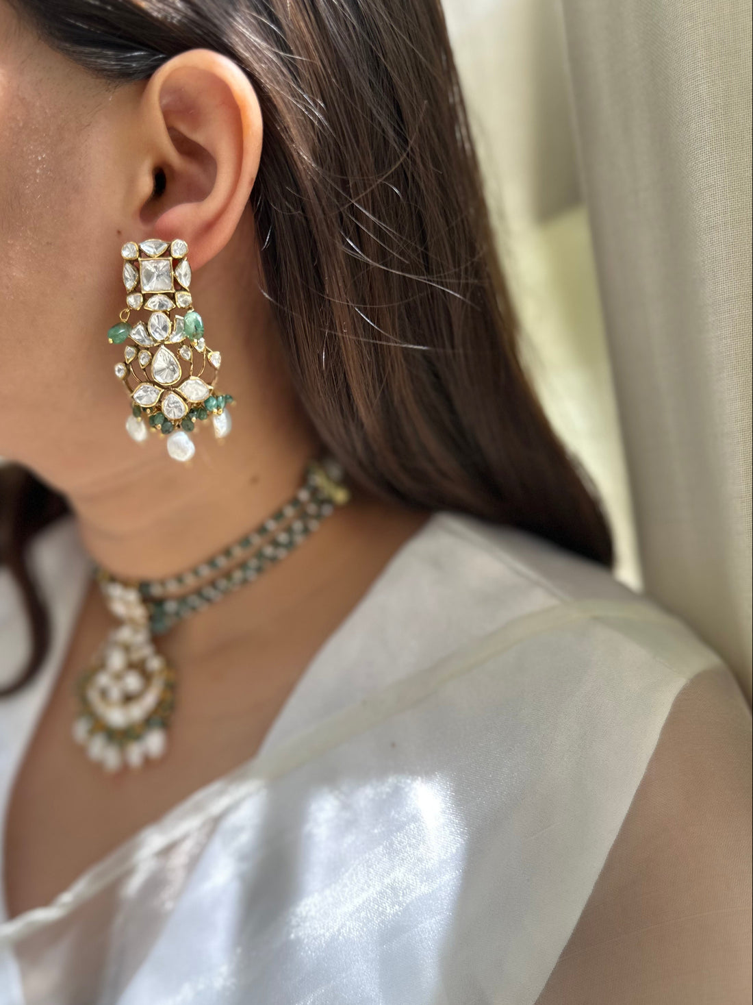 Moissanite Polki natural emerald and pearl 92.5 fine silver gold plated statement drop earrings