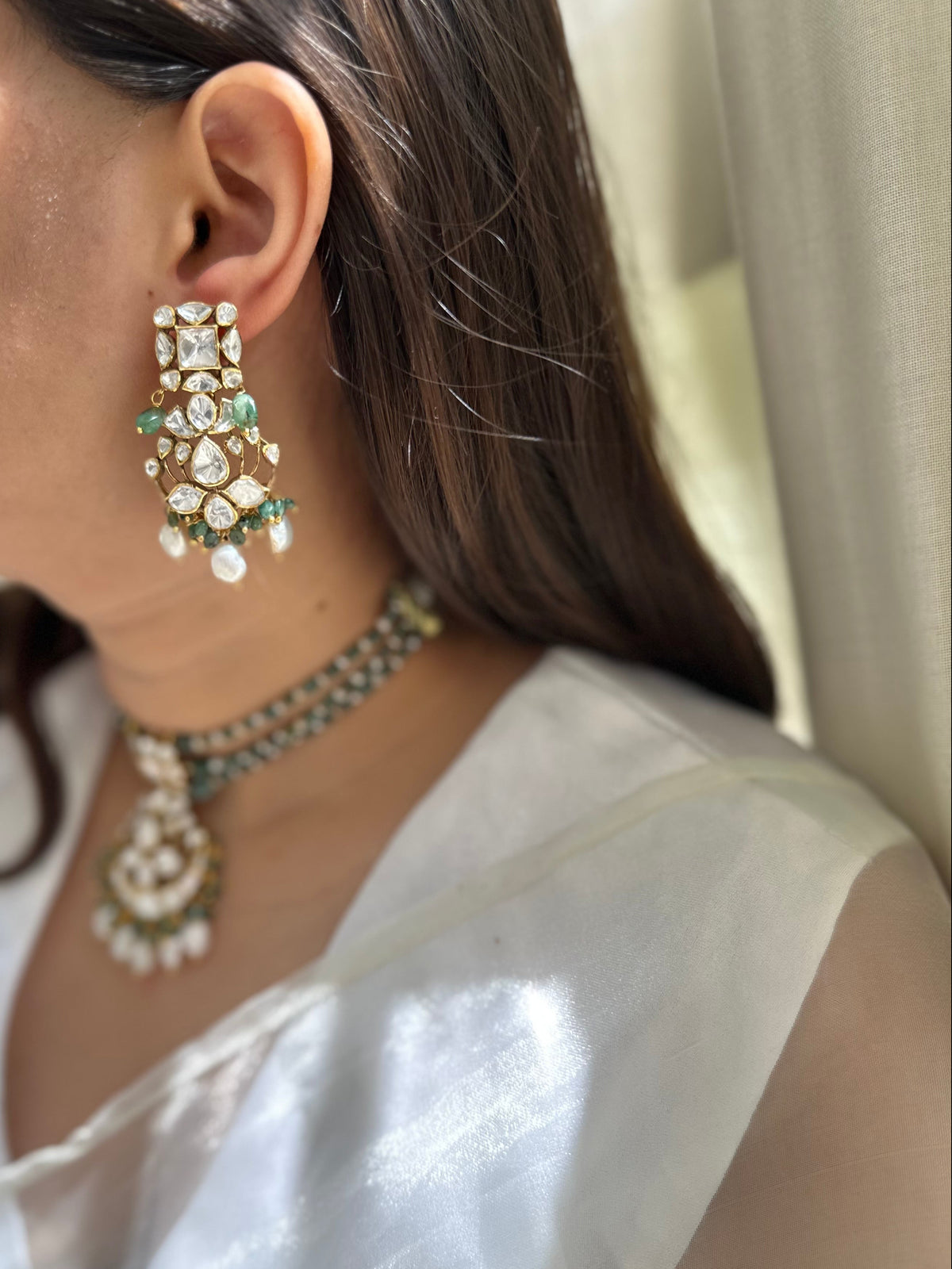 Moissanite Polki natural emerald and pearl 92.5 fine silver gold plated statement drop earrings