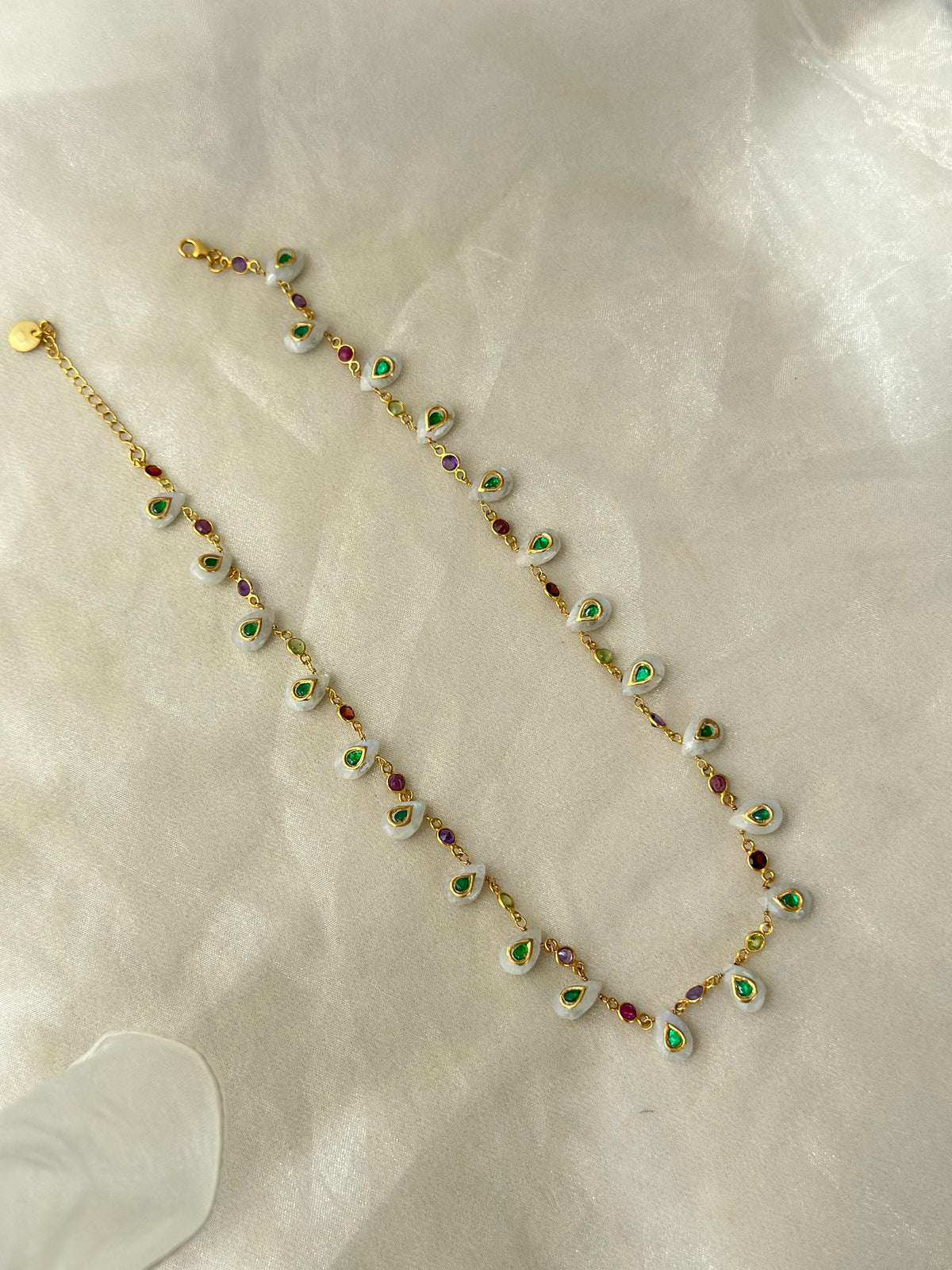 Moonstone and Green Kundan 92.5 fine silver gold plated statement necklace with multicolour gemstones