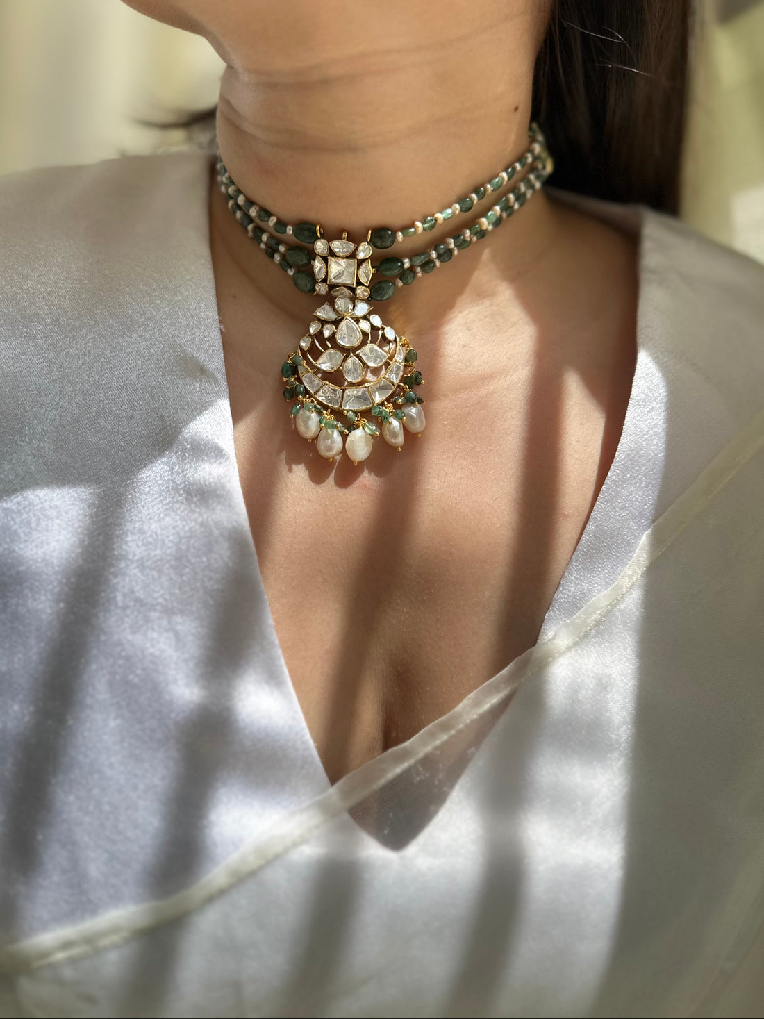 Natural pearl emerald and Moissanite Polki 92.5 fine silver gold plated statement choker