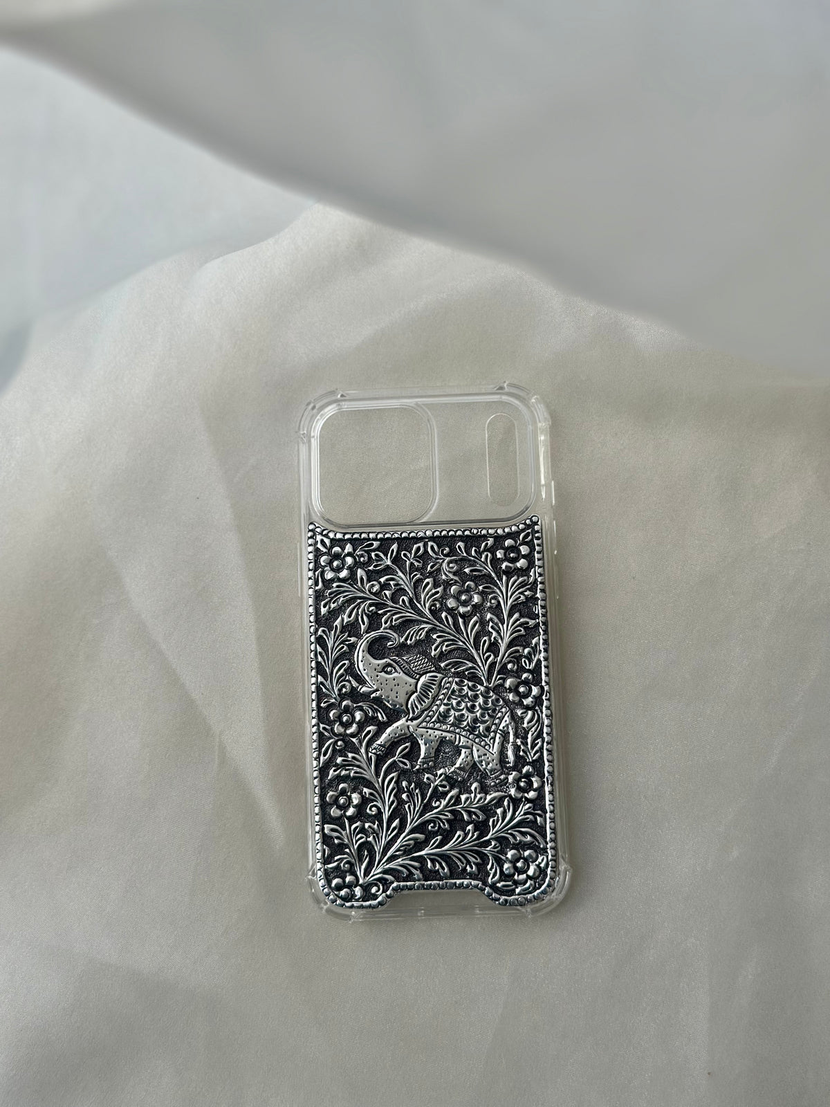 OG Elephant sterling silver mobile cover with oxidised elephant and floral motif – Eterno India