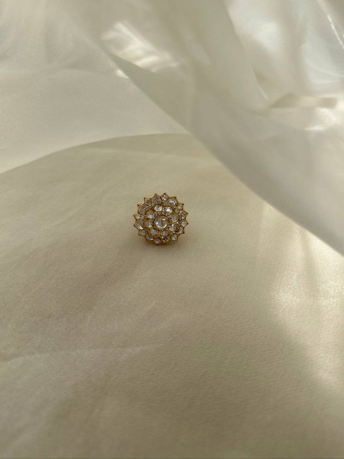 Moissanite Polki and Swarovski CZ 92.5 fine silver gold plated adjustable statement ring