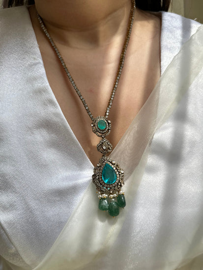 Green Onyx Moissanite Polki natural pearl 92.5 fine silver gold plated statement necklace