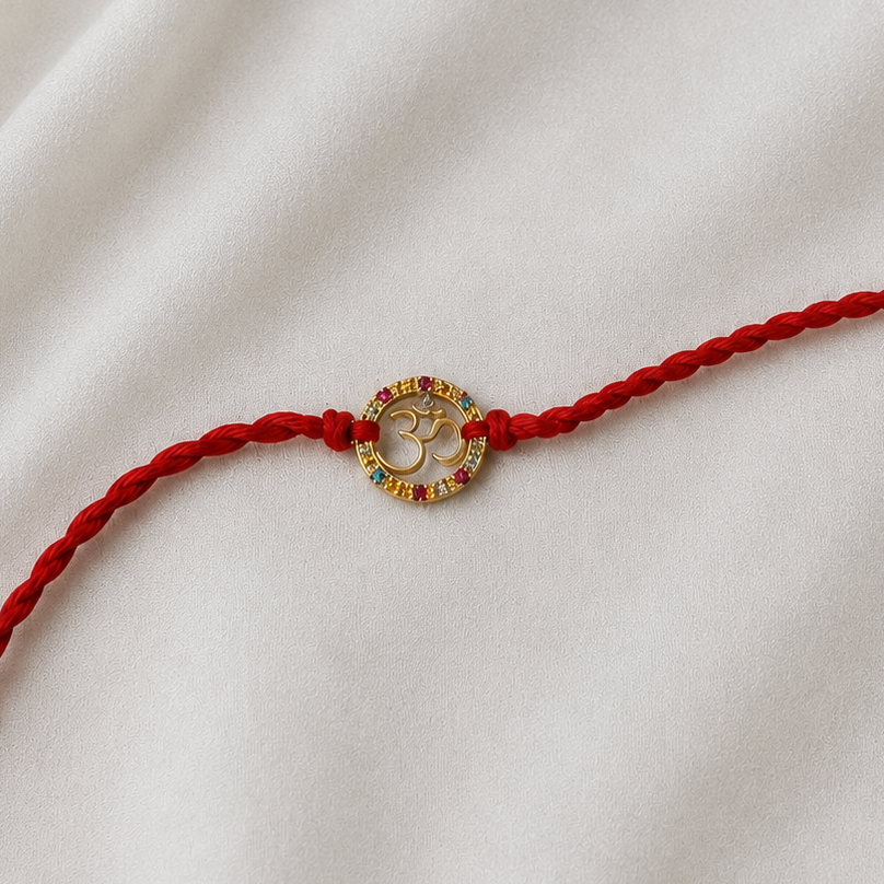 Navratna Om Rakhi cum pendant in 92.5 fine silver with nine gemstones – Eterno India