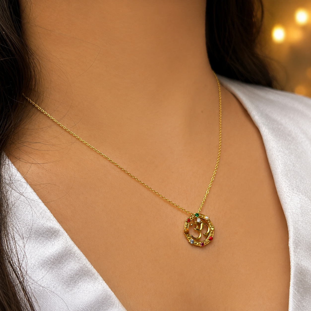 Navratna Om Rakhi cum pendant in 92.5 fine silver with nine gemstones – Eterno India