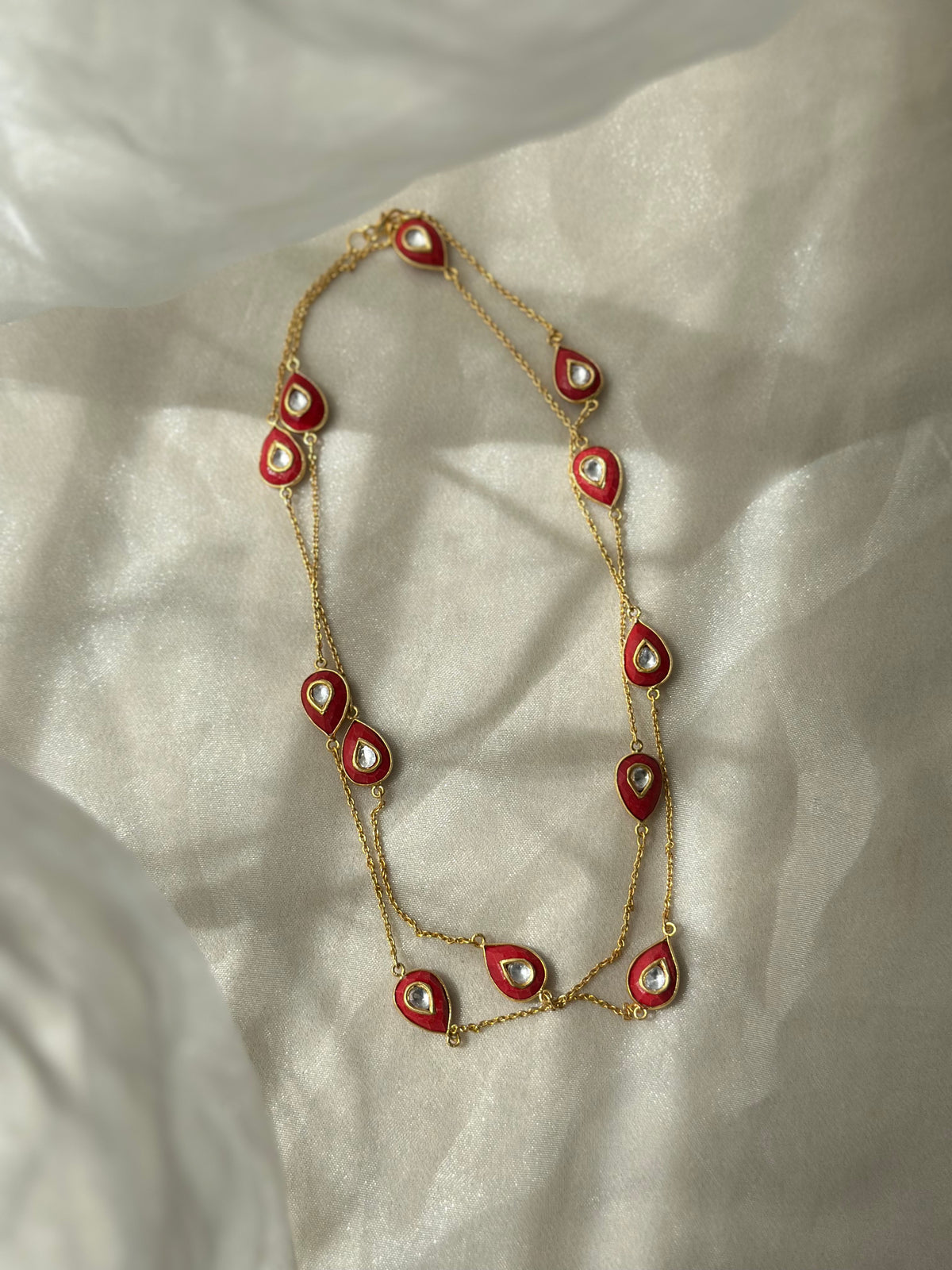 92.5 fine silver gold plated coral and white Kundan statement necklace, 35-inch Indian traditional jewellery