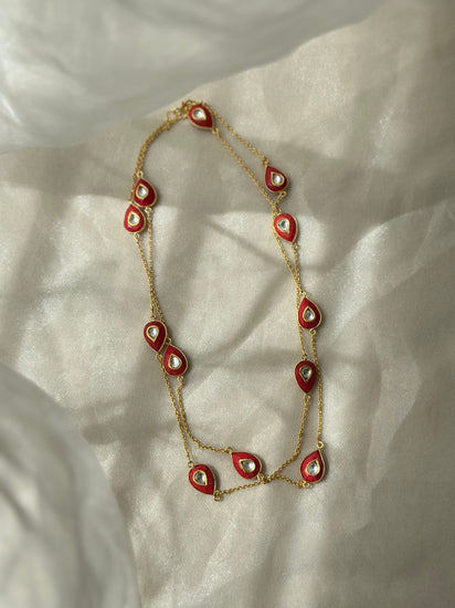 92.5 fine silver gold plated coral and white Kundan statement necklace, 35-inch Indian traditional jewellery