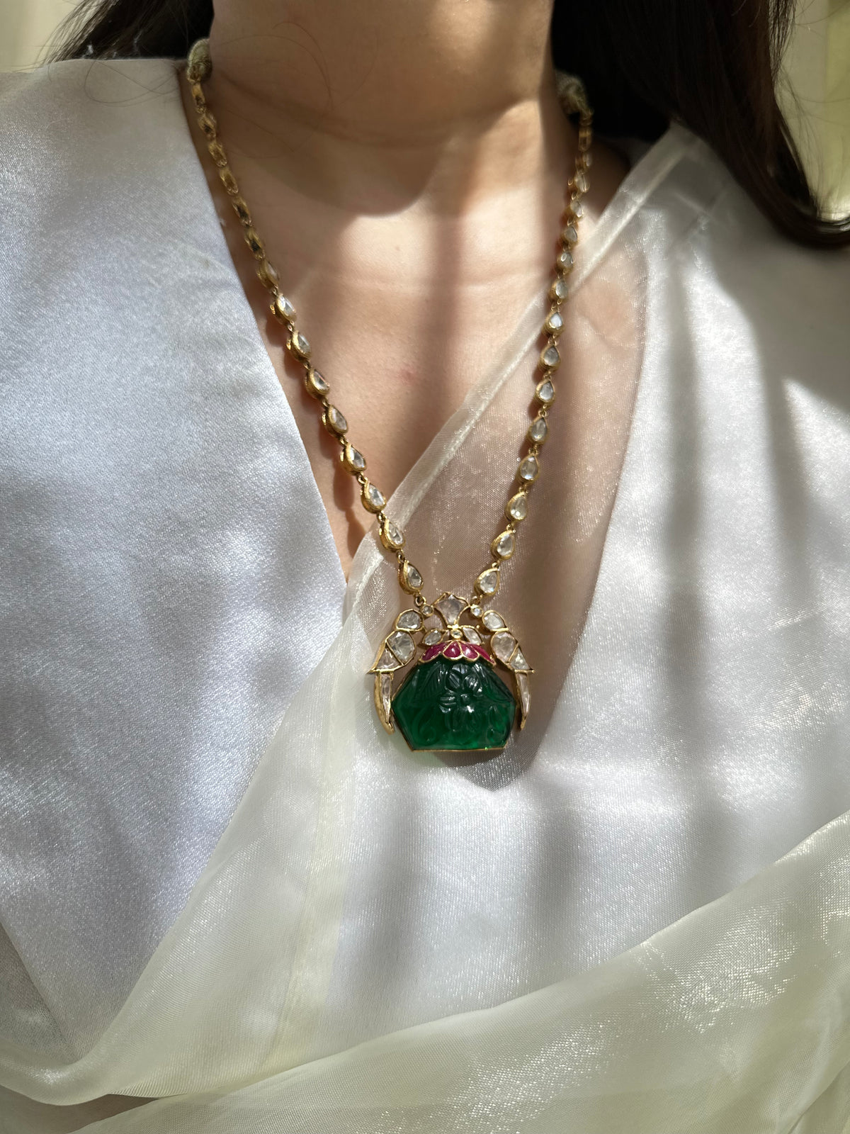 Green Onyx Rubellite Moissanite Polki 92.5 fine silver gold plated statement necklace