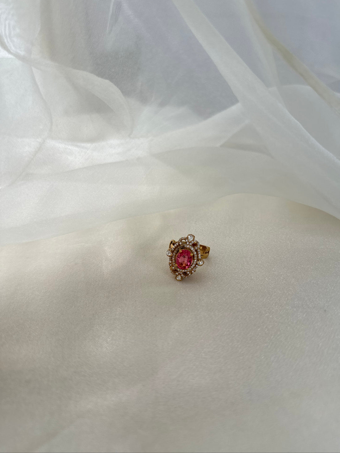 Rubellite Moissanite Polki and Swarovski CZ 92.5 fine silver gold plated adjustable statement ring