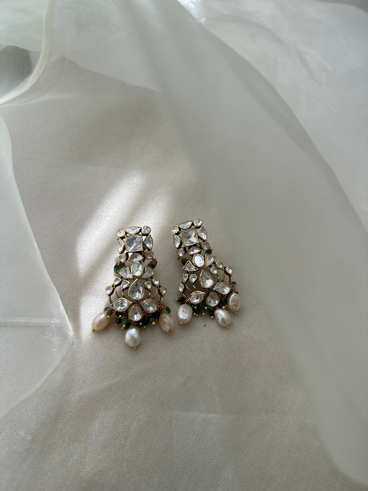 Moissanite Polki natural emerald and pearl 92.5 fine silver gold plated statement drop earrings