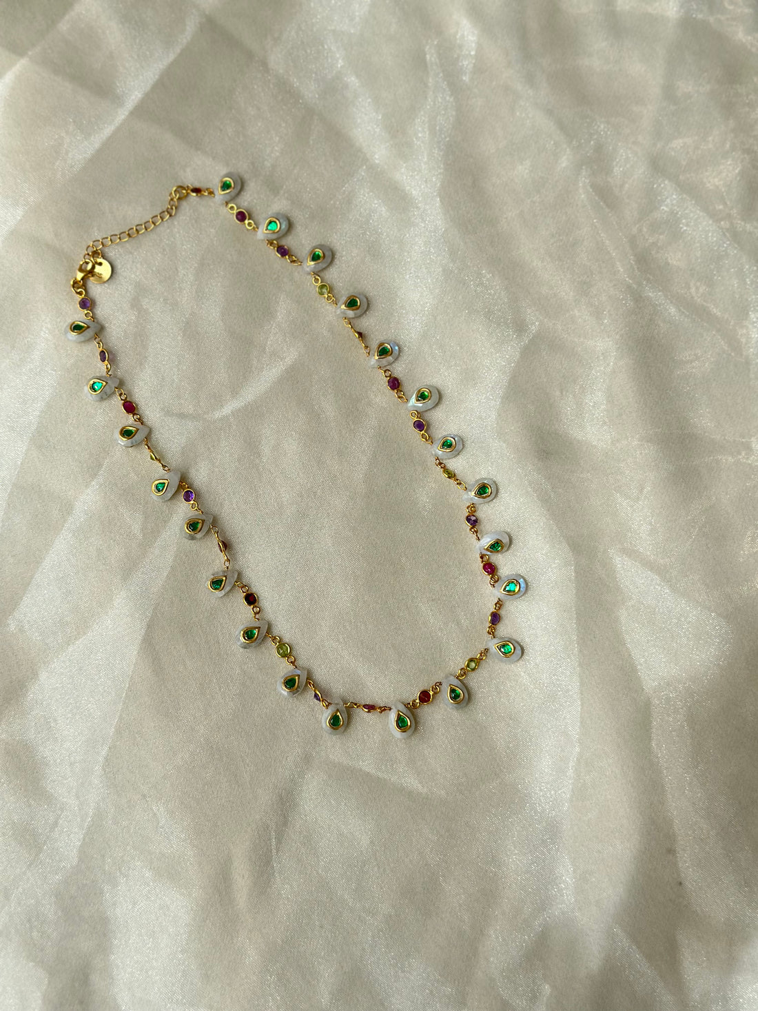Moonstone and Green Kundan 92.5 fine silver gold plated statement necklace with multicolour gemstones