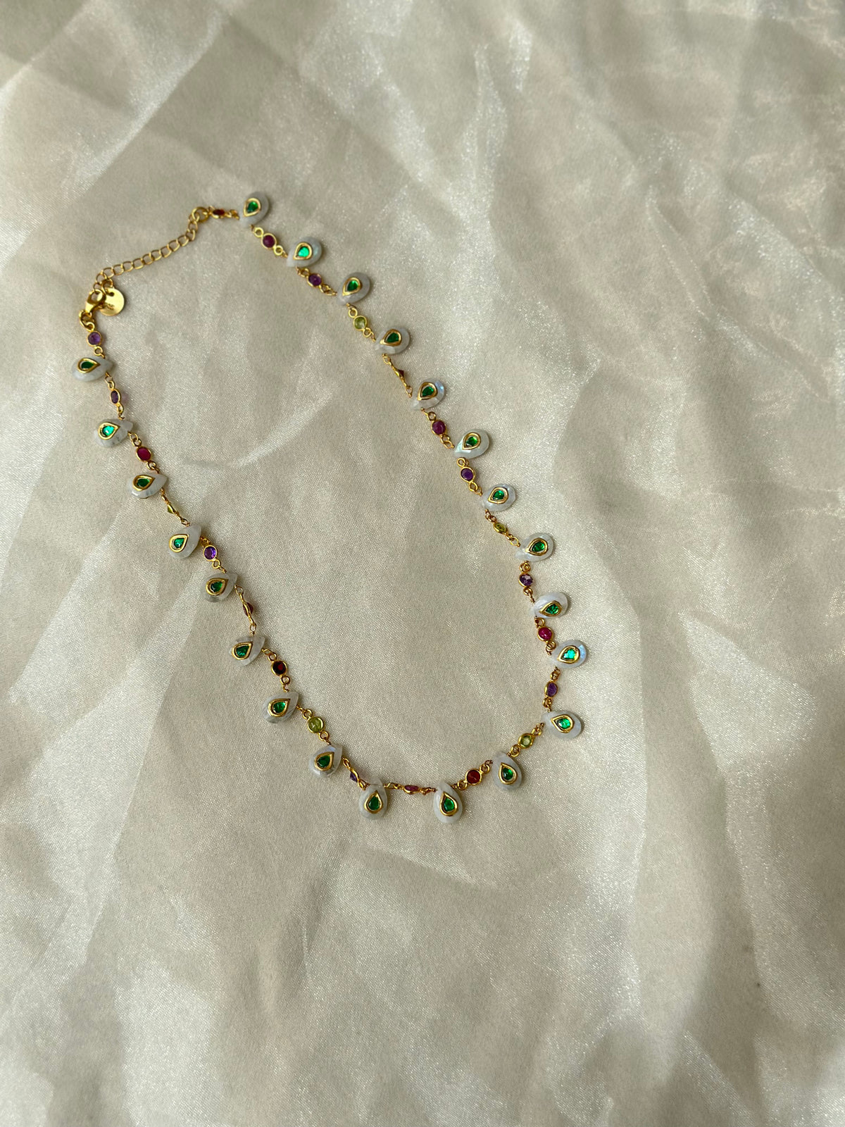 Moonstone and Green Kundan 92.5 fine silver gold plated statement necklace with multicolour gemstones