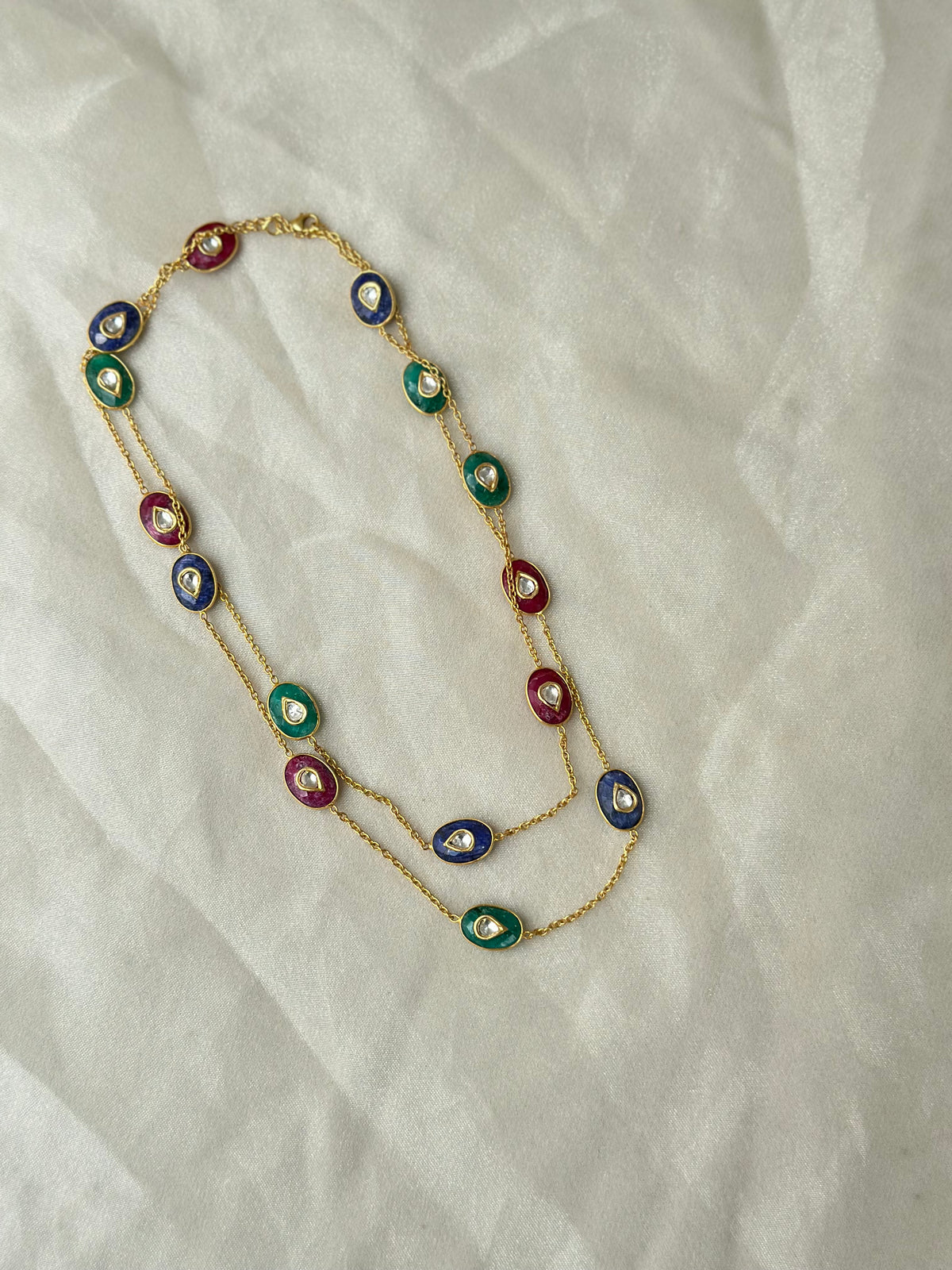 Blue Lapis Emerald Cut and Ruby Cut 92.5 fine silver gold plated 34-inch statement necklace