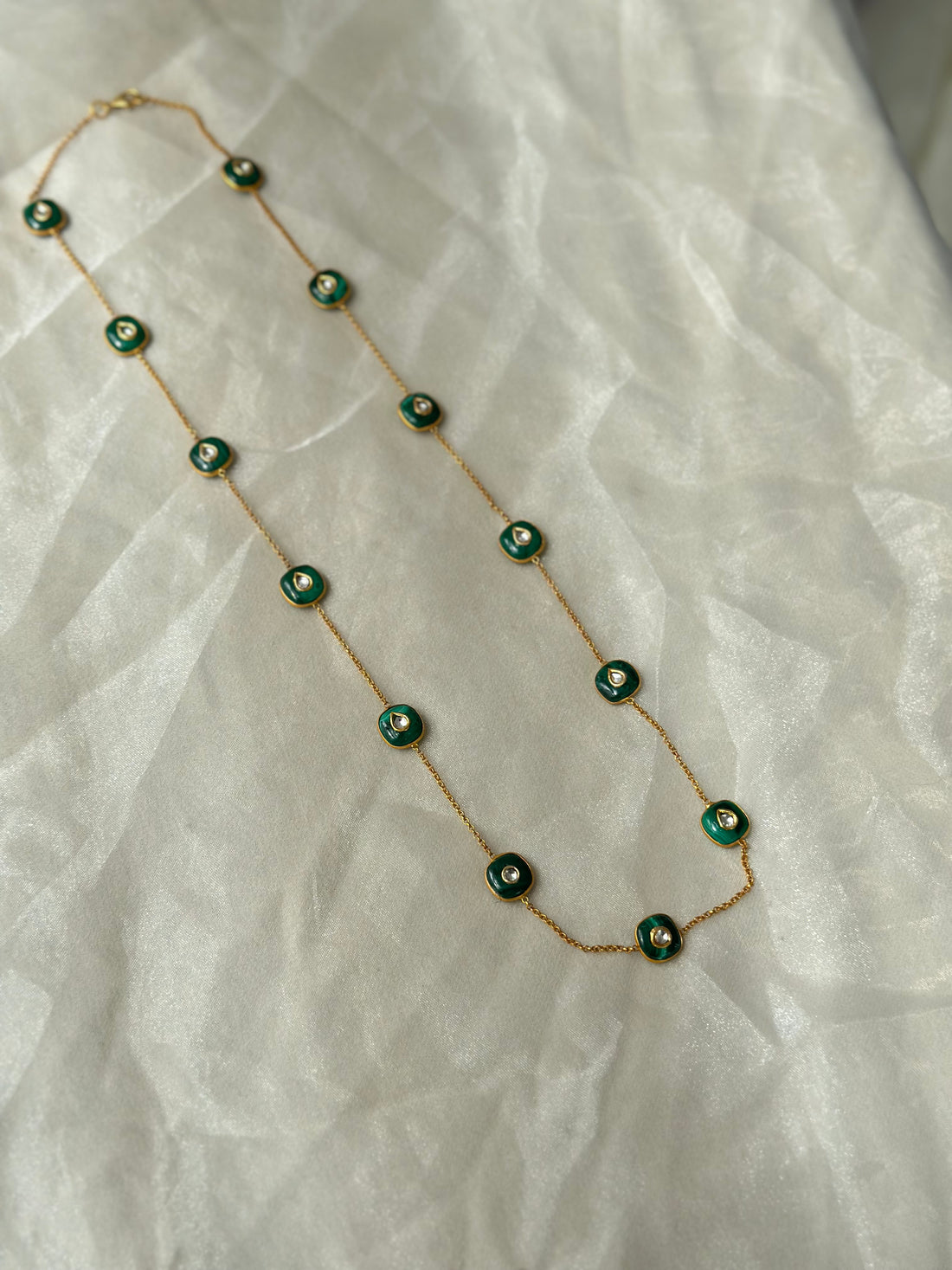 Emerald Cut and Kundan 92.5 fine silver gold plated 30-inch long statement necklace