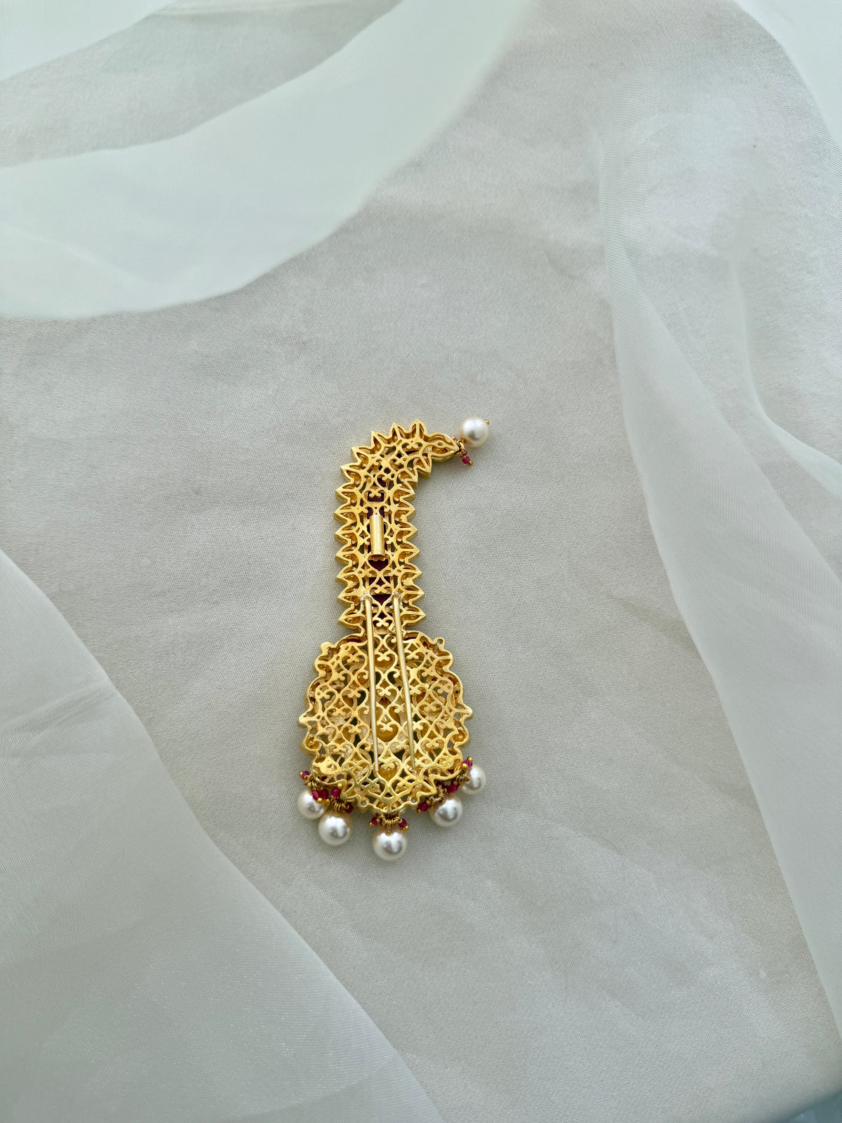 92.5 fine silver gold plated groom kalamgi with glass-cut rubies, Moissanite Polki and Swarovski CZ