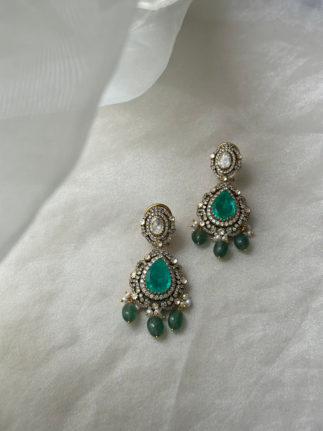 Green Onyx Moissanite Polki natural pearl 92.5 fine silver gold plated statement earrings