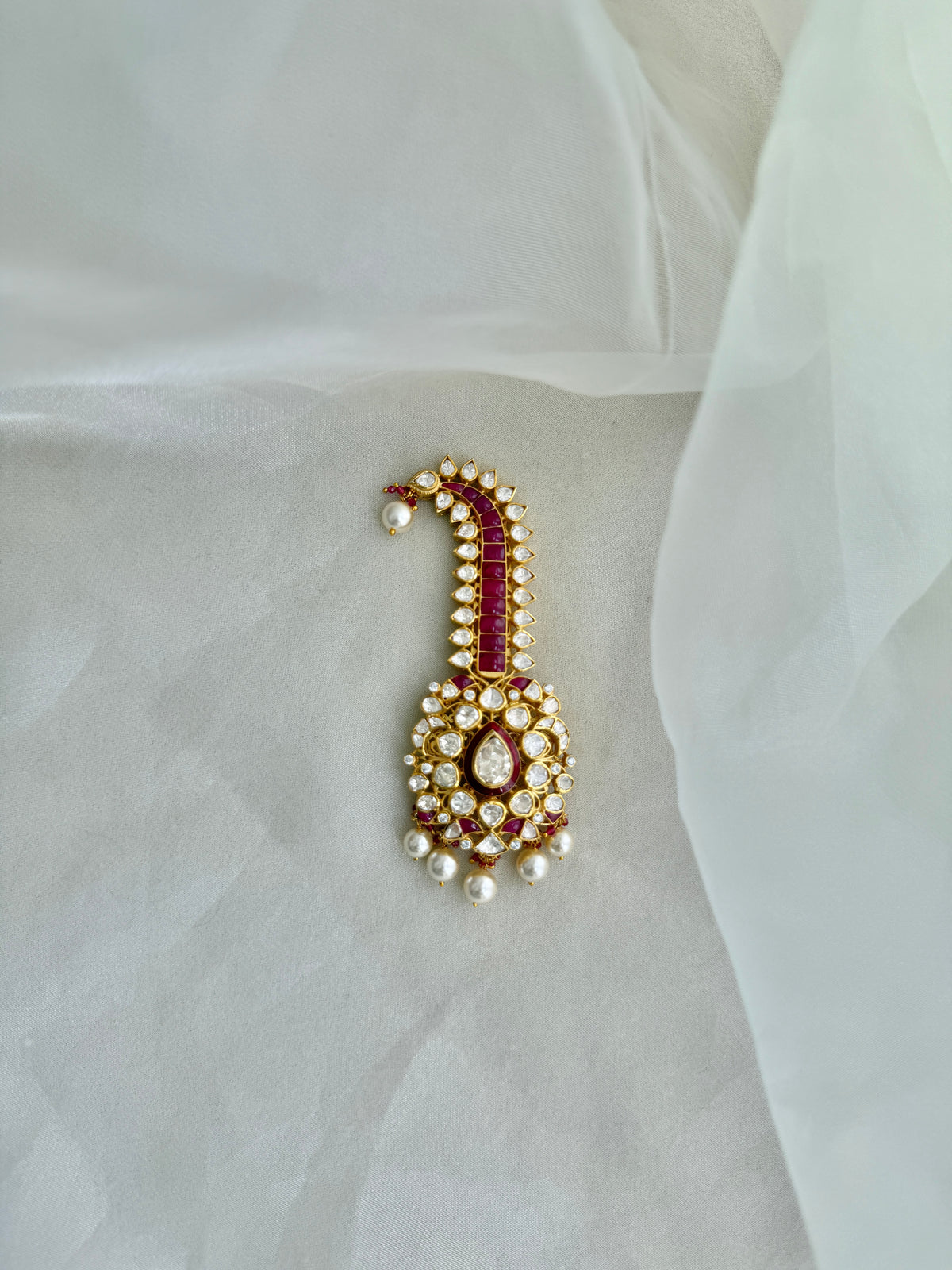 92.5 fine silver gold plated groom kalamgi with glass-cut rubies, Moissanite Polki and Swarovski CZ