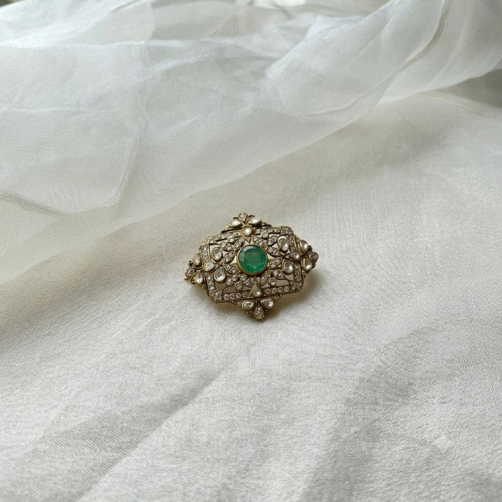 Jaipur Brooch -  92.5 Silver, Gold Plated