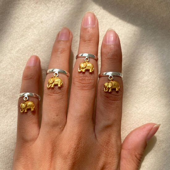 Hanging Haathi Knuckle Ring – 925 Silver Gold-Plated Elephant Ring