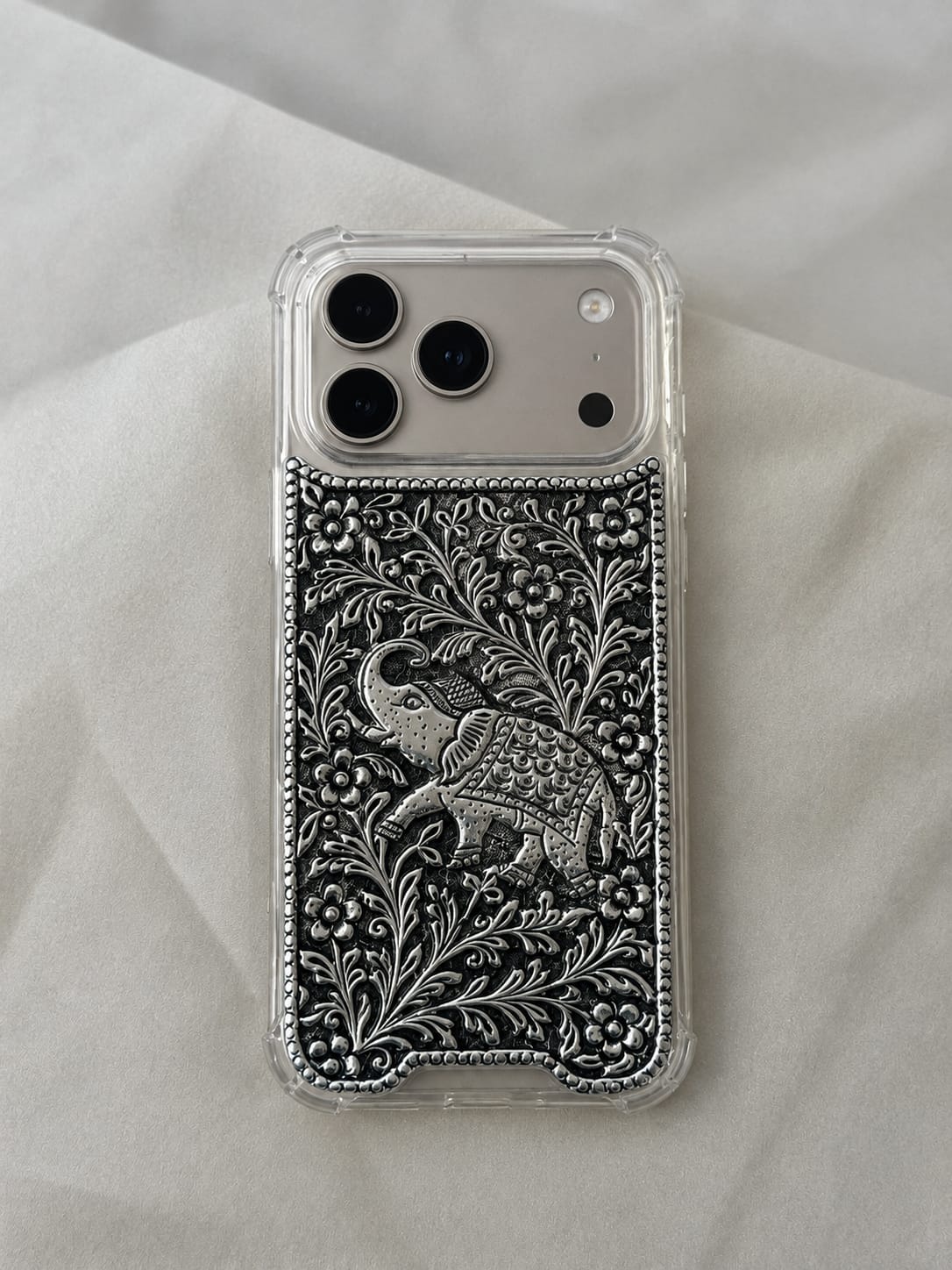 OG Elephant sterling silver mobile cover with oxidised elephant and floral motif – Eterno India