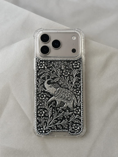 OG Elephant sterling silver mobile cover with oxidised elephant and floral motif – Eterno India